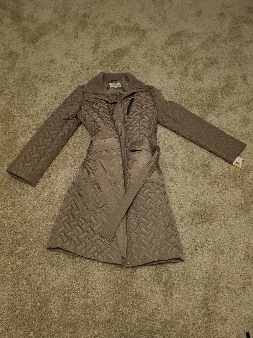 Cole Haan Quilted Taupe Belted Trench Coat